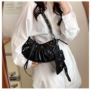 Retro Punk Style Rivet Hobo Bag + Mini Purses, Pleated Crescent Bag, Personality Satchels/Shoulder/Crossbody Bag for Women