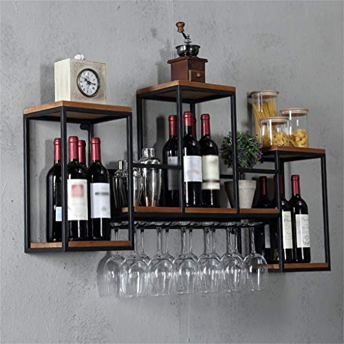 PIBM Stylish Simplicity Wall-Mounted Shelf Wrought Iron Wooden Ledge Living Room Bedroom for Bookshelf Storage Display Wine Glass Rack Floating Decorative Unit Frame Retro Creative Style