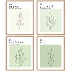 sage green wall art office decor, inspirational wall art for bedroom | home office | classroom, positive motivational affirmations quotes poster, minimalist botanical aesthetic room decor prints for woman men kids, 8×10 unframed,4pcs