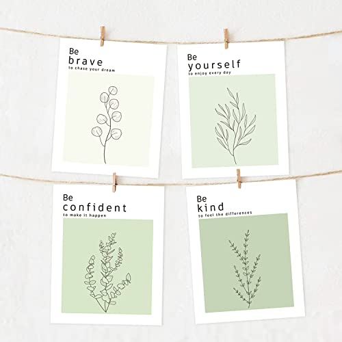 Sage Green Wall Art Office Decor, Inspirational Wall Art for Bedroom | Home Office | Classroom, Positive Motivational Affirmations Quotes Poster, Minimalist Botanical Aesthetic Room Decor Prints for Woman Men Kids, 8x10 Unframed,4PCS