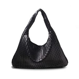 lmkids women’s leather woven tote handbag,handmade large capacity shoulder bags travel bag shopper bag hobo bag (black)