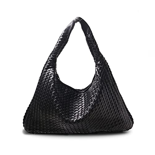 LMKIDS Women's Leather Woven Tote Handbag,Handmade Large Capacity Shoulder Bags Travel Bag Shopper Bag Hobo Bag (Black)