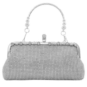 silver clutch purses for women sparkling party bride wedding handbag ladies crossbody evening bag (silver)