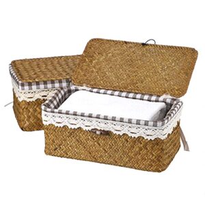 Hipiwe Wicker Storage Basket for Shelf Organizing Handwoven Seagrass Shelf Basket with Lid and Removable Fabric Liner Rectangular Household Basket Home Decorative Basket Bin, X-Small