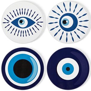set of 4 evil eye coasters evil eye decor for drinks ceramic blue coasters 4 inches round absorbent cup mat with cork base evil eye pattern for drinks coffee home table decor kitchen