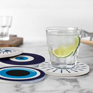 Set of 4 Evil Eye Coasters Evil Eye Decor for Drinks Ceramic Blue Coasters 4 Inches Round Absorbent Cup Mat with Cork Base Evil Eye Pattern for Drinks Coffee Home Table Decor Kitchen