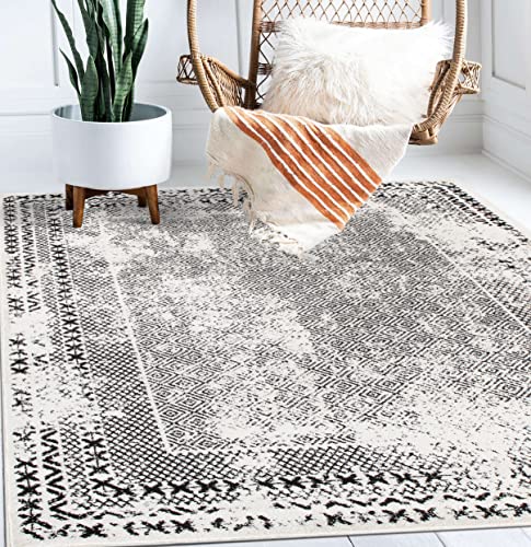 Rugshop Bohemian Distressed Border Stain Resistant High Traffic Living Room Kitchen Bedroom Dining Home Office Area Rug 5'x7' Black