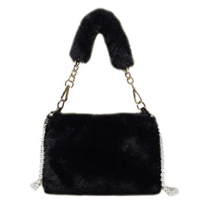 plush shoulders bags women plush tote bags furry handbag soft fluffy coin purse phone bag(black)