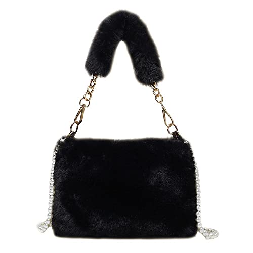 Plush Shoulders Bags Women Plush Tote Bags Furry Handbag Soft Fluffy Coin Purse Phone Bag(black)