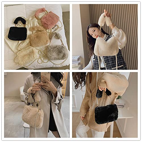 Plush Shoulders Bags Women Plush Tote Bags Furry Handbag Soft Fluffy Coin Purse Phone Bag(black)