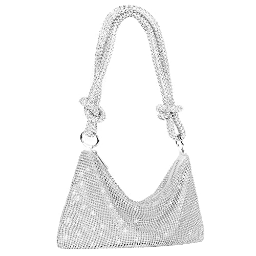 Silver Purse Rhinestone Purse Sparkly Evening bag Silver Clutch Purses for Women Evening, Hobo Bag Glitter Purse for Party Club Wedding (Silver)