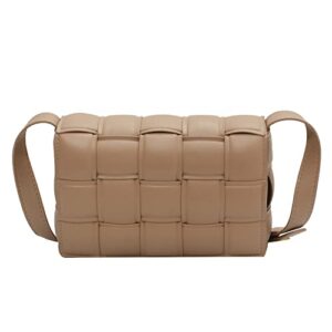 womens woven soft leather crossbody handbag purse, small shoulder messenger bag clutch wallet square bag (khaki)
