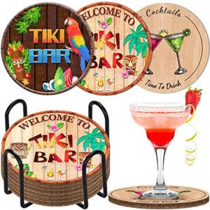 6pcs Drink Coasters with Holder Coasters for Drinks Thick Sturdy Absorbent Cork Coasters Funny Tiki Bar Designs for Coffee Cups Drinking Glasses Table Desk Protection Housewarming Gift Home Decor