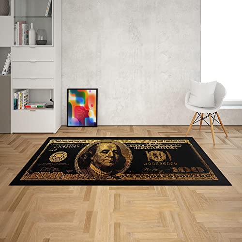 JUST BREATHE Area Rug 4’x6’ Money Rug Luxury 100 Dollar Bill Area Rugs Collection Cash Art Carpet Rug for Living Room Entryway Dining Room Home Office, Bedroom Rug, Non-Slip, Washable, Black/Gold