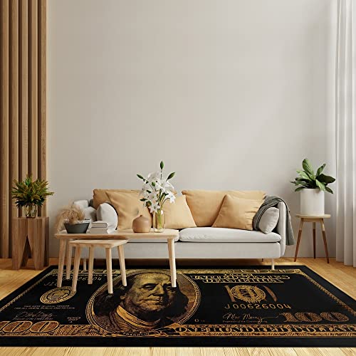 JUST BREATHE Area Rug 4’x6’ Money Rug Luxury 100 Dollar Bill Area Rugs Collection Cash Art Carpet Rug for Living Room Entryway Dining Room Home Office, Bedroom Rug, Non-Slip, Washable, Black/Gold