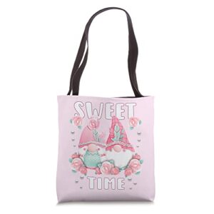 gnome pair with roses, pink garden gnomes with roses tote bag