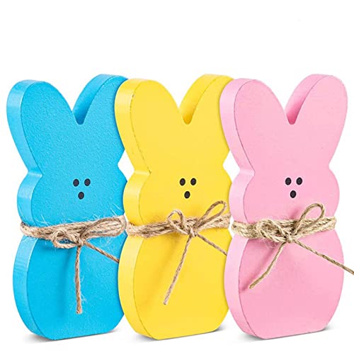 LEIYUDAZI 3pcs Easter Wooden Sign Easter Bunny Table with Ropes Easter Decorations Spring Decorations for Home Spring Decorations for Parties Restaurants Office Home Farmhouse Gifts（Pink Blue Yellow）