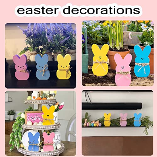 LEIYUDAZI 3pcs Easter Wooden Sign Easter Bunny Table with Ropes Easter Decorations Spring Decorations for Home Spring Decorations for Parties Restaurants Office Home Farmhouse Gifts（Pink Blue Yellow）