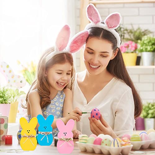 LEIYUDAZI 3pcs Easter Wooden Sign Easter Bunny Table with Ropes Easter Decorations Spring Decorations for Home Spring Decorations for Parties Restaurants Office Home Farmhouse Gifts（Pink Blue Yellow）