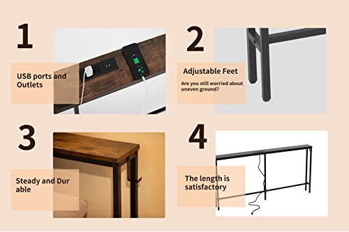 SUCRSIXBRO Console Table with Charging Station, 63’’ Narrow Sofa Table, Entryway Table with Outlets and USB Ports,Easy Assembly,Living Room, Bedroom,Rustic Brown