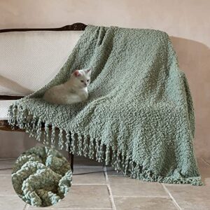 amélie home textured mulberry woven farmhouse throw blanket with tassels chunky boho knit throw blanket room decor (sage green, 50” x 60”)