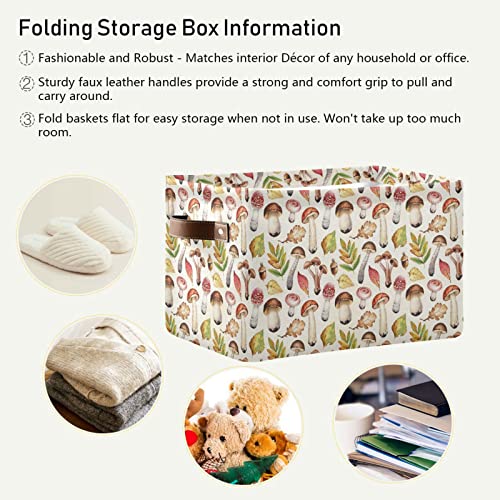 ALAZA Mushroom Leaves Autumn Large Storage Basket with Handles Foldable Decorative 1 Pack Storage Bin Box for Organizing Living Room Shelves Office Closet Clothes