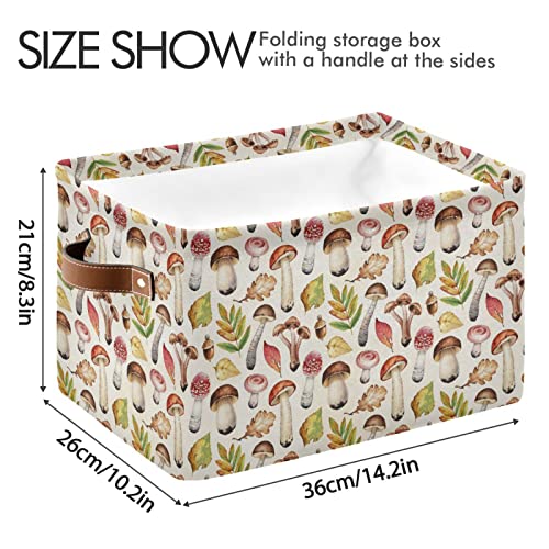 ALAZA Mushroom Leaves Autumn Large Storage Basket with Handles Foldable Decorative 1 Pack Storage Bin Box for Organizing Living Room Shelves Office Closet Clothes