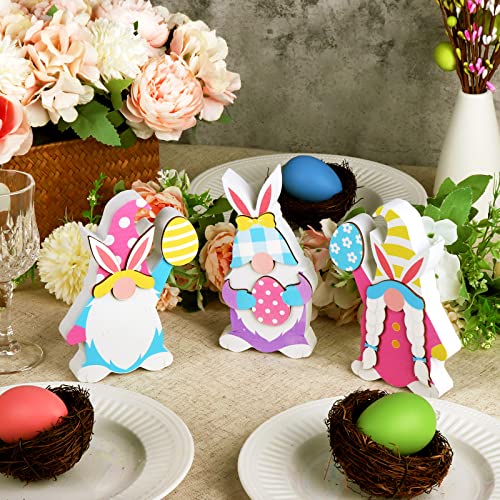 Treory Easter Decorations for The Home, 3 pcs Easter Bunny Shape Gnome Freestanding Wooden Table Centerpiece Signs Easter Gnomes for Tabletop Home Tiered Tray Decor Farmhouse for Easter Gifts