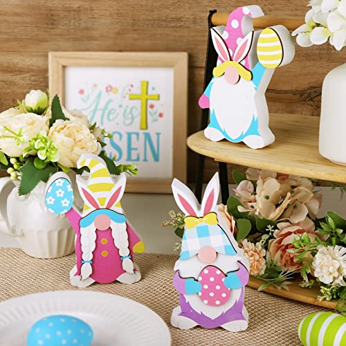 Treory Easter Decorations for The Home, 3 pcs Easter Bunny Shape Gnome Freestanding Wooden Table Centerpiece Signs Easter Gnomes for Tabletop Home Tiered Tray Decor Farmhouse for Easter Gifts