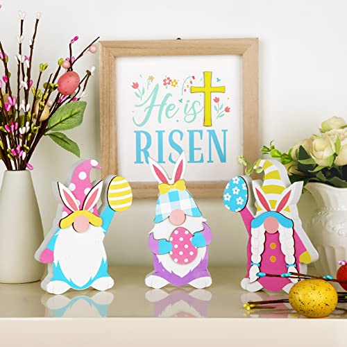 Treory Easter Decorations for The Home, 3 pcs Easter Bunny Shape Gnome Freestanding Wooden Table Centerpiece Signs Easter Gnomes for Tabletop Home Tiered Tray Decor Farmhouse for Easter Gifts