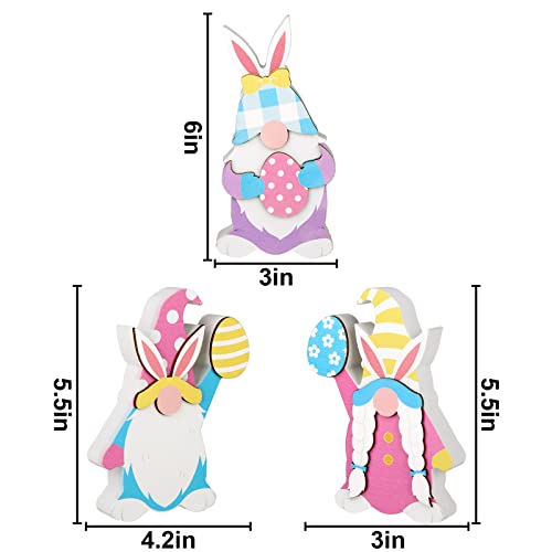 Treory Easter Decorations for The Home, 3 pcs Easter Bunny Shape Gnome Freestanding Wooden Table Centerpiece Signs Easter Gnomes for Tabletop Home Tiered Tray Decor Farmhouse for Easter Gifts