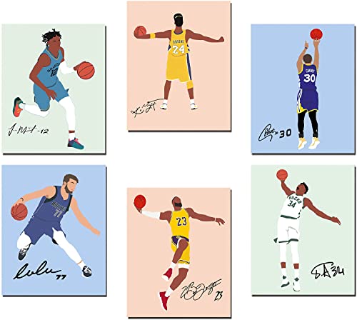 Inspirational Basketball Wall Art Prints, Abstract Basketball Stars Autograph Posters, Stephen Curry LeBron James Morant Giannis Canvas Art Print for Man Cave Boys Room Decor, 6 Set-(8"x10" Unframed)