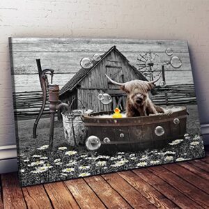 Farmhouse Bathroom Decor Wall Art Funny Highland Cow in Bathtub Pictures Wall Decor Rustic Bathroom Cow Painting for Bathroom Toilet Cattle Artwork Framed 16"x20"