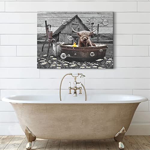 Farmhouse Bathroom Decor Wall Art Funny Highland Cow in Bathtub Pictures Wall Decor Rustic Bathroom Cow Painting for Bathroom Toilet Cattle Artwork Framed 16"x20"