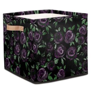 cube storage bins 13 inch fabric storage basket purple rose square storage bins collapsible nursery storage bin organizer basket flower leaf storage box for shelves, closet