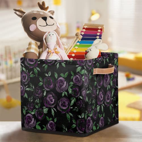 Cube Storage Bins 13 Inch Fabric Storage Basket Purple Rose Square Storage Bins Collapsible Nursery Storage Bin Organizer Basket Flower Leaf Storage Box for Shelves, Closet