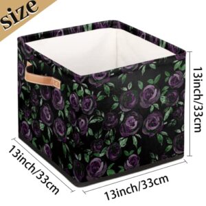 Cube Storage Bins 13 Inch Fabric Storage Basket Purple Rose Square Storage Bins Collapsible Nursery Storage Bin Organizer Basket Flower Leaf Storage Box for Shelves, Closet