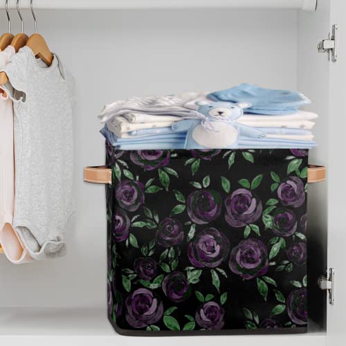 Cube Storage Bins 13 Inch Fabric Storage Basket Purple Rose Square Storage Bins Collapsible Nursery Storage Bin Organizer Basket Flower Leaf Storage Box for Shelves, Closet