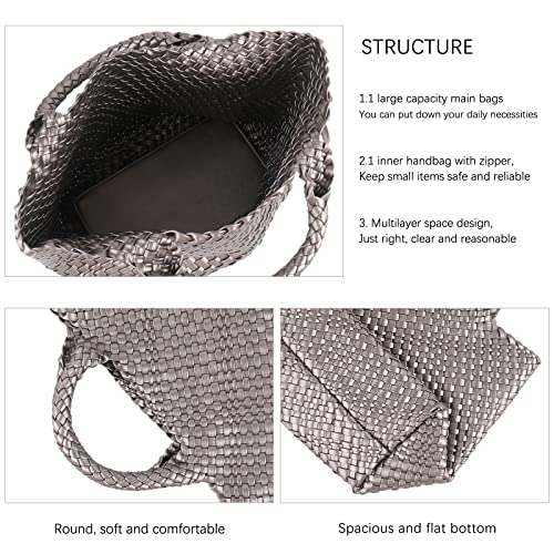 Woven Tote Bag, Women Macaron Soft Leather Weave Handbag Purse Wrist Bag Large Capacity Work Shopping Travel Daily (Silver)