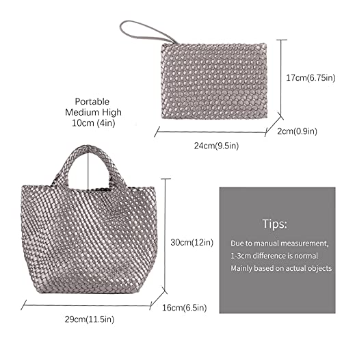 Woven Tote Bag, Women Macaron Soft Leather Weave Handbag Purse Wrist Bag Large Capacity Work Shopping Travel Daily (Silver)