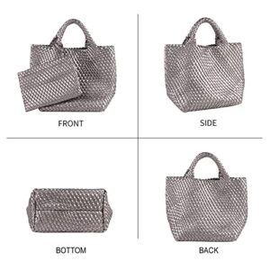 Woven Tote Bag, Women Macaron Soft Leather Weave Handbag Purse Wrist Bag Large Capacity Work Shopping Travel Daily (Silver)