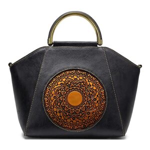 women genuine leather handbags, organizer retro vegetable tanning leather bag vintage embossing totem shoulder bag (black)