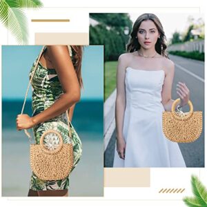 8 Pcs Semi Circle Straw Bag Women Mini Rattan Straw Bag Handmade Woven Crossbody Shoulder Bag Clutch Tote Purse Top Handle Retro Tote Handbags for Travel Summer Beach Bride Bag, Khaki