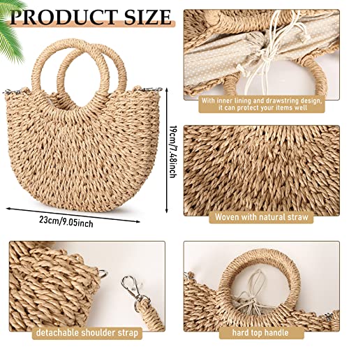 8 Pcs Semi Circle Straw Bag Women Mini Rattan Straw Bag Handmade Woven Crossbody Shoulder Bag Clutch Tote Purse Top Handle Retro Tote Handbags for Travel Summer Beach Bride Bag, Khaki