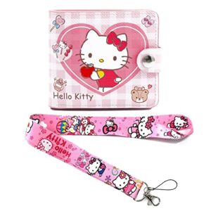 kawaii kitty cat badge wallet with lanyard, id card holder purse pouch with buckle, wallet durable card holder credit card holder money bag for students teens girls boys