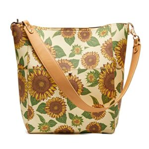 womens shoulder bucket bags designer handbags tote purses with peonies flowers and butterflies print and innner pouch (yellow sunflower)