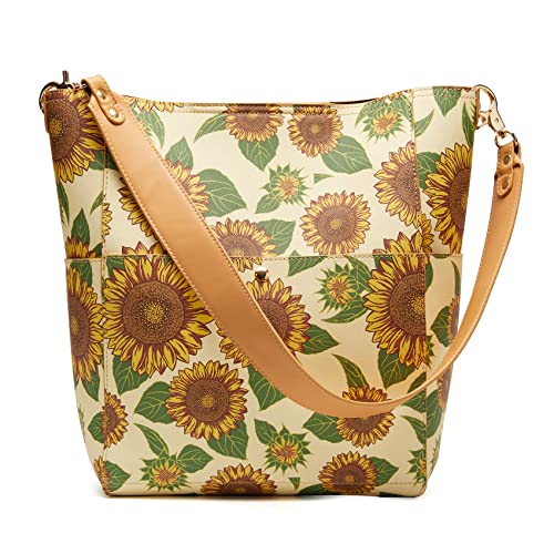 Womens Shoulder Bucket Bags Designer Handbags Tote Purses with Peonies Flowers and Butterflies Print and innner Pouch (Yellow Sunflower)