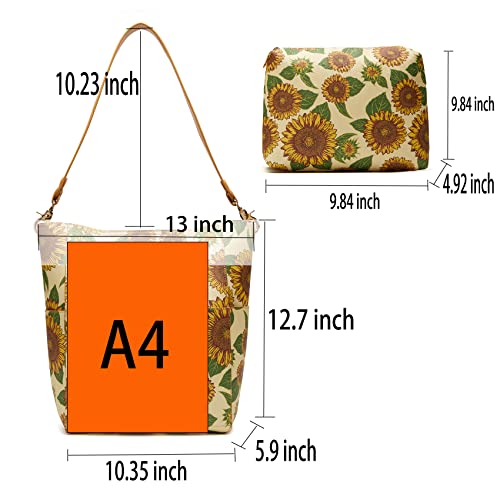 Womens Shoulder Bucket Bags Designer Handbags Tote Purses with Peonies Flowers and Butterflies Print and innner Pouch (Yellow Sunflower)