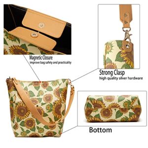 Womens Shoulder Bucket Bags Designer Handbags Tote Purses with Peonies Flowers and Butterflies Print and innner Pouch (Yellow Sunflower)