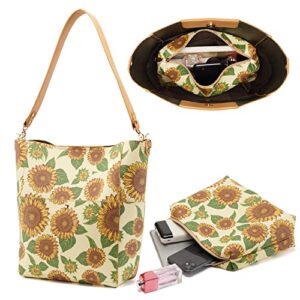 Womens Shoulder Bucket Bags Designer Handbags Tote Purses with Peonies Flowers and Butterflies Print and innner Pouch (Yellow Sunflower)